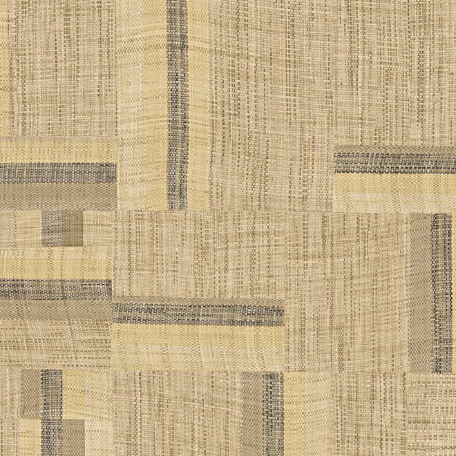 Beige en grijs Arte-behang uit de Atelier Boro-collectie met een geweven, patchworkachtig patroon.