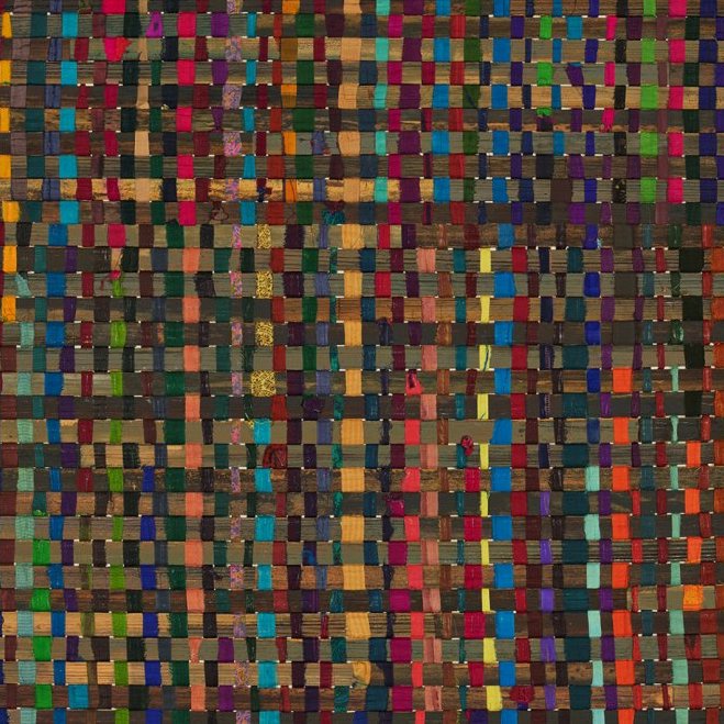 Detail van Arte-behang Atelier Extravaganza AT61 met een kleurrijk geweven patroon van rechthoekige vlakken.