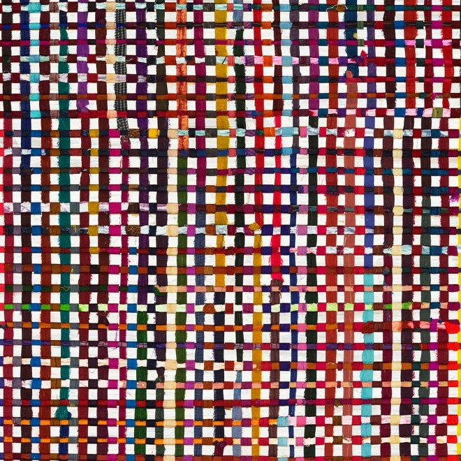 Kleurrijk Arte-behang uit de Atelier Extravaganza AT62 collectie met een levendig geruit en geweven patroon.