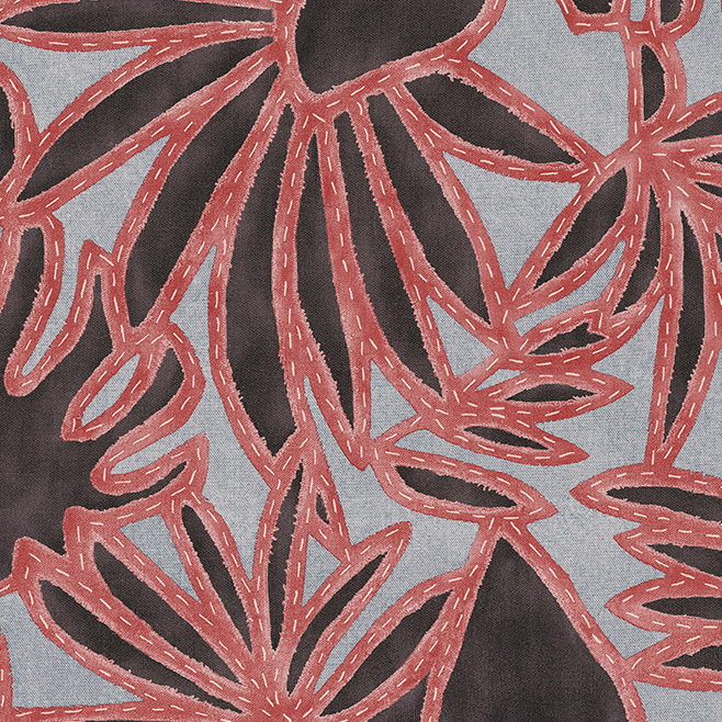 Behangpatroon Arte Botanis 57580 met een rood geborduurd bloemenmotief op een donkergrijze en lichtblauwe achtergrond.