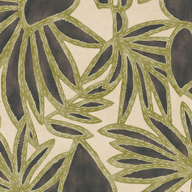 Behangpatroon Arte Botanis 57584 in de kleur Moss Vanilla met gestileerde groene bladeren op een beige en donkere achtergrond.