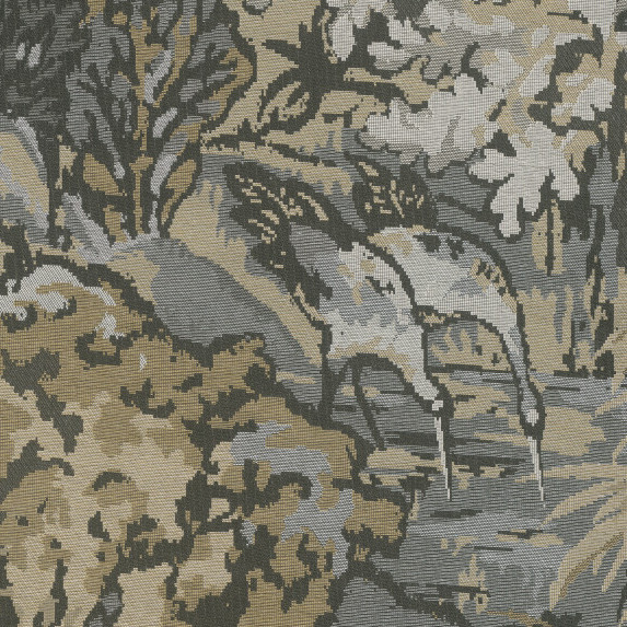 Gedetailleerd patroon van het Arte-behang Boutique Riverbank 90516 met een gestileerde afbeelding van een kraanvogel aan de oever in natuurlijke tinten.