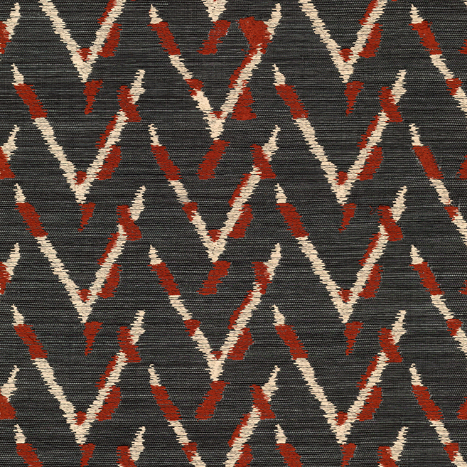 V-patroon behang uit de Osmanthus-collectie van Arte in rood, beige en zwart.