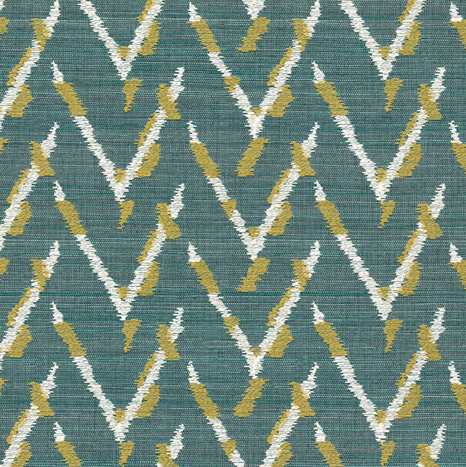 Textuurachtig behang uit de Osmanthus-collectie met een abstract V-patroon in wit en mosterdgeel op een blauwgroene achtergrond.