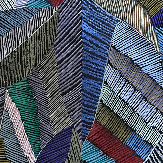 Abstract patroon van gekleurde bladeren op Arte behang Chintz 73100 uit de Essentials Les Tricots collectie.