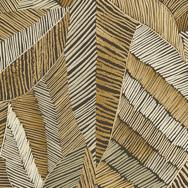 Decoratief Arte behang Chintz 73102 uit de Essentials Les Tricots collectie met abstract bladpatroon in goud-, bruin- en beigetinten.