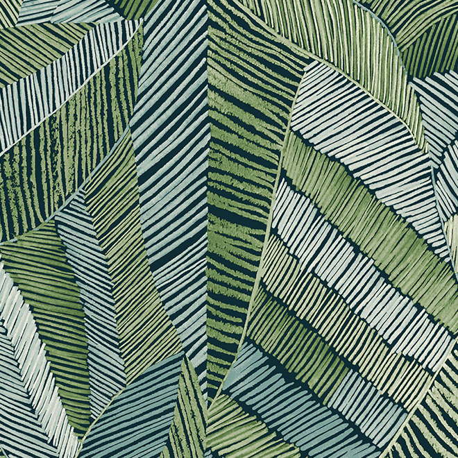 Groen en blauw Arte Chintz 73103 behang met abstracte, bladachtige lijnenpatronen uit de Essentials Les Tricots collectie.