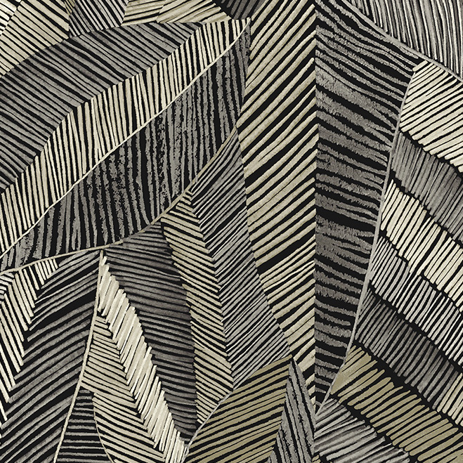 Grafisch behangpatroon uit de Arte Chintz 73104 collectie met overlappende bladmotieven in zwart, grijs en beige tinten.