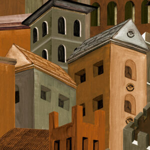 Illustratie van gestileerde, kleurrijke gebouwen uit het Arte-behang Città di Castello uit de Decors & Panoramiques collectie.