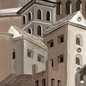 Illustratief behangontwerp met gestileerde, aardekleurige gebouwen uit de Arte Città di Castello collectie.