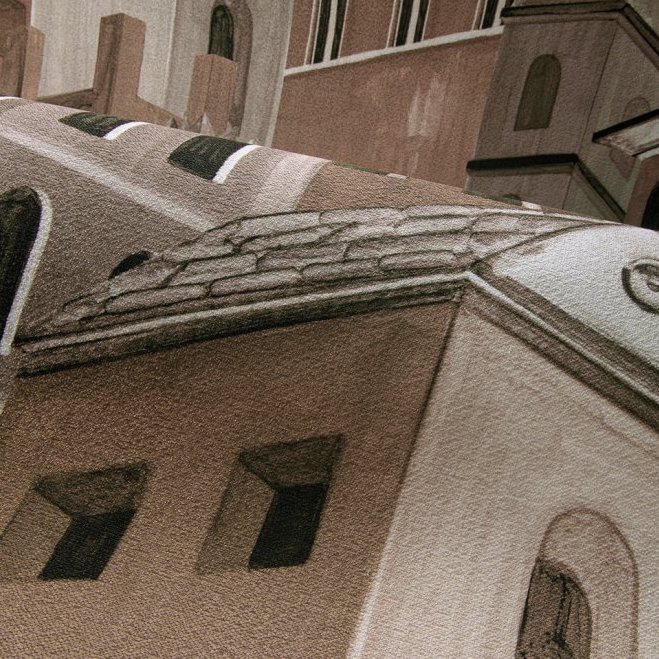 Detail van het Arte-behang Città di Castello met een illustratie van Toscaanse gebouwen in warme aardetinten.