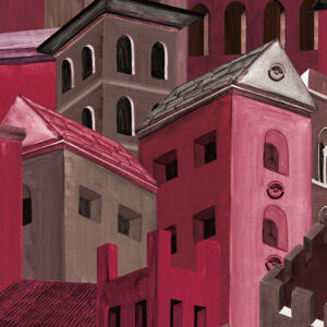Illustratie van het Arte-behang Città di Castello met gestileerde, rood- en rozegetinte gebouwen in een fantasierijke stadsaanblik.