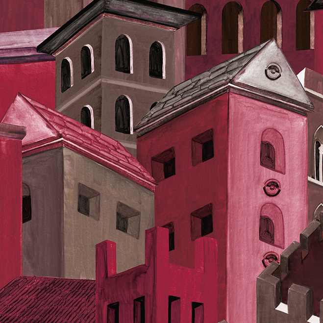 Illustratie van het Arte-behang Città di Castello met gestileerde, rood- en rozegetinte gebouwen in een fantasierijke stadsaanblik.