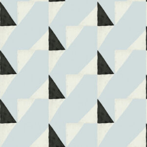 Geometrisch Arte-behangpatroon met herhalende driehoeken in zwart, wit en lichtblauw.