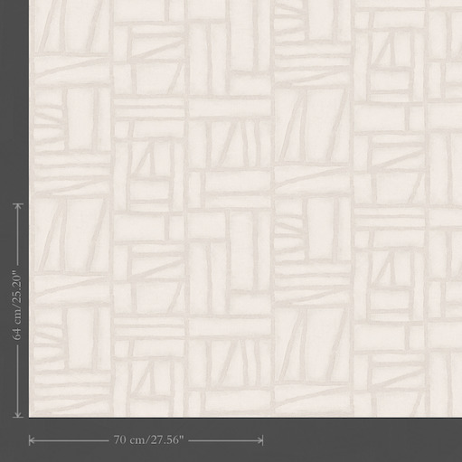 Beige Arte Essentials Costura Bojagi 57540 behang met geometrisch patchworkpatroon van rechthoeken en lijnen.