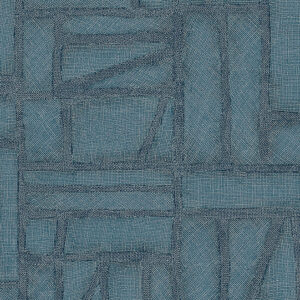 Blauw Arte behang uit de Essentials Costura collectie met een Bojagi-patroon van fijn geweven textuur en geometrische vlakken.