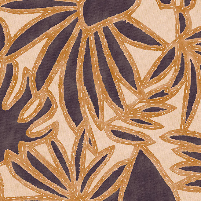 Oranje botanisch patroon met geborduurde bloemvormen op donkerpaars Arte Essentials Costura behang.