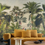 Okergele bank voor tropisch Arte-behang uit de collectie Essentials Les Naturels Réverie Tropicale.