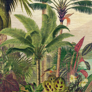 Tropisch behang met weelderige palmbomen, exotische planten en kleurrijke bloemen uit de Arte Essentials Les Naturels Réverie Tropicale collectie.