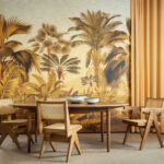 Eettafel met rotanhouten stoelen voor een tropisch Arte-behang uit de collectie Essentials Les Naturels, model Rêverie Tropicale 26771.