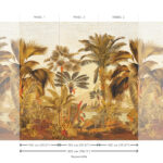 Tropisch behangpatroon van Arte met weelderige planten en palmbomen in warme natuurtinten, opgedeeld in drie herhaalbare panelen.