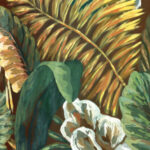 Gedetailleerd tropisch bladerenpatroon in goud- en groentinten uit het Arte-behang Essentials Les Naturels Verdure 26760.