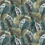 Behangpatroon uit de Arte Essentials Les Naturels collectie met groene en blauwe tropische bladeren.