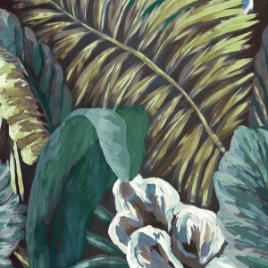 Gedetailleerd botanisch patroon op Arte behang uit de Essentials Les Naturels Verdure collectie in blauwgroene en minttinten.