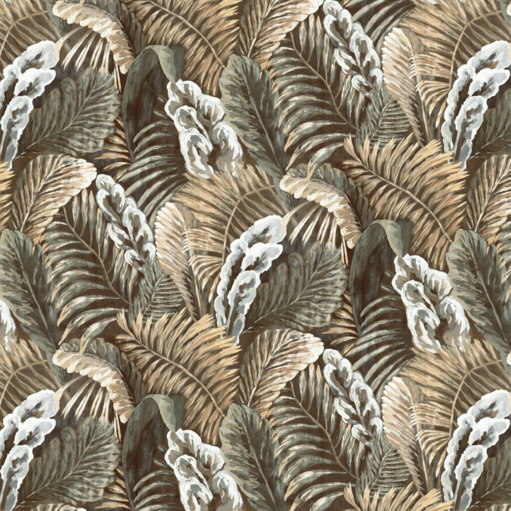 Tropisch geïnspireerd behangpatroon met grote, gestileerde bladeren in natuurlijke bruin- en groentinten uit de Arte Essentials Les Naturels Verdure collectie.