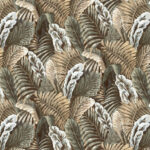 Tropisch geïnspireerd behangpatroon met grote, gestileerde bladeren in natuurlijke bruin- en groentinten uit de Arte Essentials Les Naturels Verdure collectie.