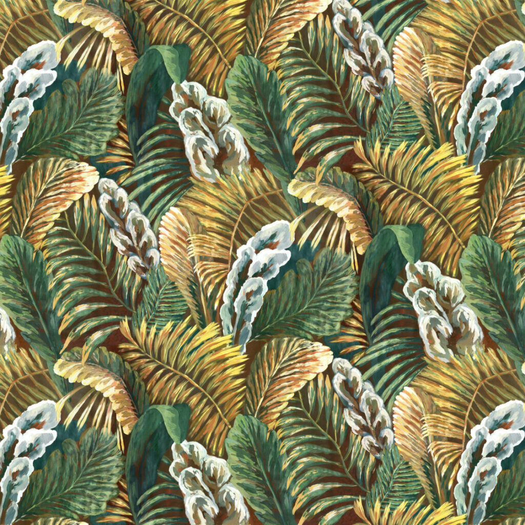 Gedetailleerd tropisch bladerpatroon met groene, goudkleurige en witte bladeren uit de Arte Essentials Les Naturels Verdure 26762 behangcollectie.