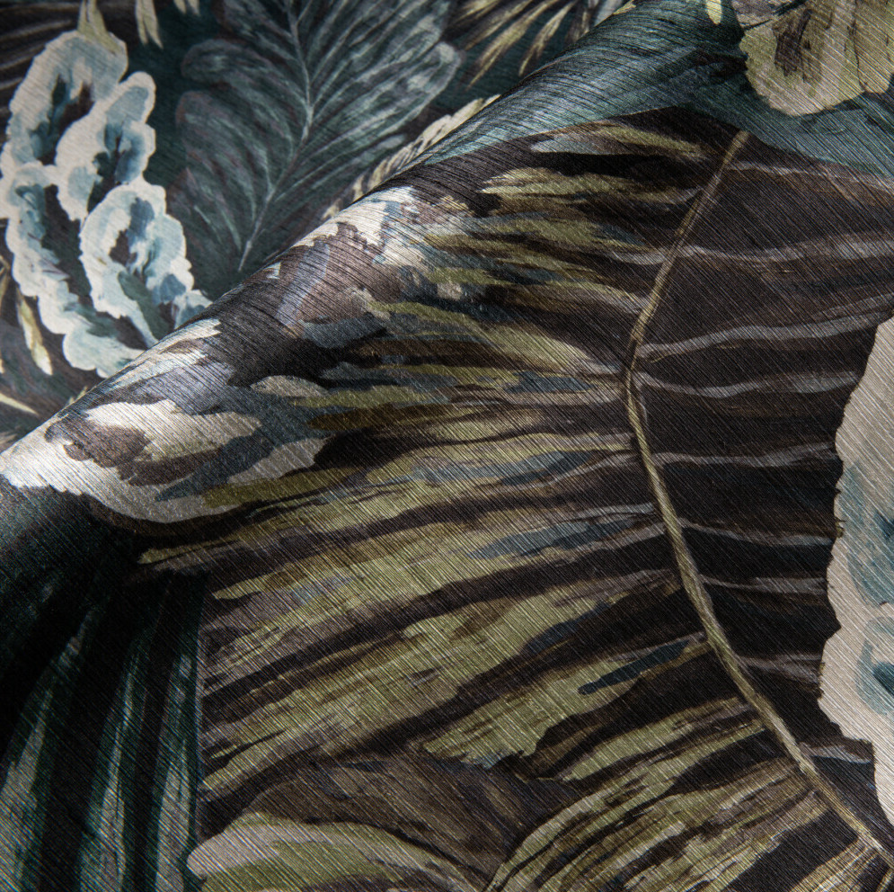 Detail van het Arte behang uit de Essentials Les Naturels Verdure collectie met een botanisch patroon van grote bladeren en natuurlijke textuur.
