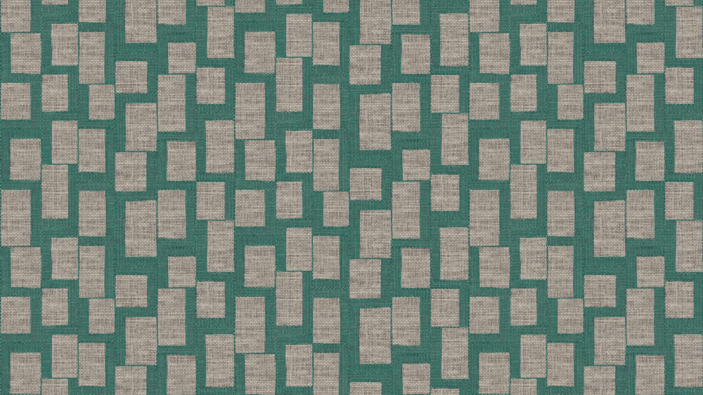 Geometrisch Arte-behangpatroon Totem Esparto Africano met beige rechthoeken op een groenblauwe achtergrond.