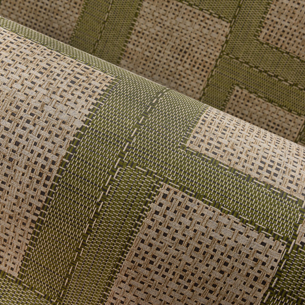 Detail van Arte-behang uit de Essentials Totem-serie, model Esparto Africano, met een geweven textuur en geometrisch patroon in aardetinten.