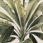 Gedetailleerde illustratie van tropische palmbladeren op het Arte behangdessin Palmera uit de Essentials Travellers collectie.