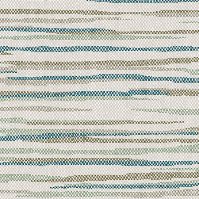 Gestreept Arte-behang uit de Essentials Travellers collectie, model Horizon 11060, met horizontale lijnen in blauw-, groen- en beigetinten.