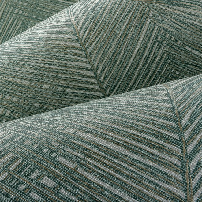 Close-up van het gestructureerde behangpatroon Arte Essentials Travellers Talamanca in groentinten.