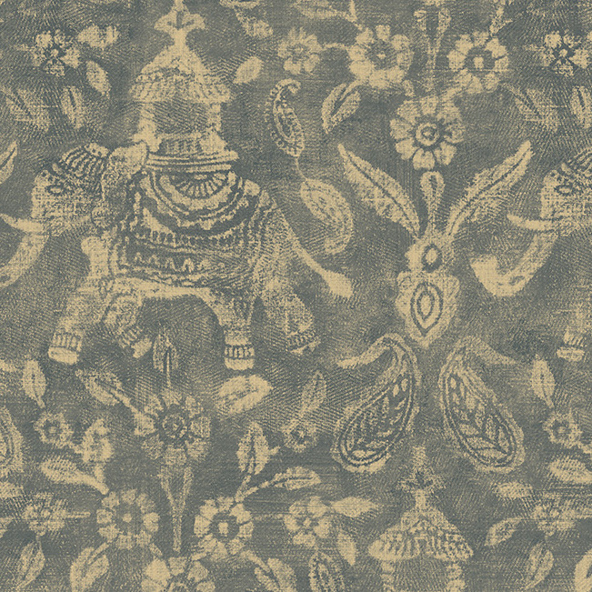 Behangpatroon uit de Arte Essentials Travellers Tantor 11080 collectie met sierlijke olifanten en florale motieven in oosterse stijl.