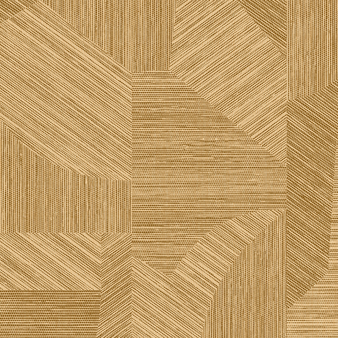 Geometrisch patroon op Arte behang Essentials Tangra Caprice 24002 in goud- en beigetinten.