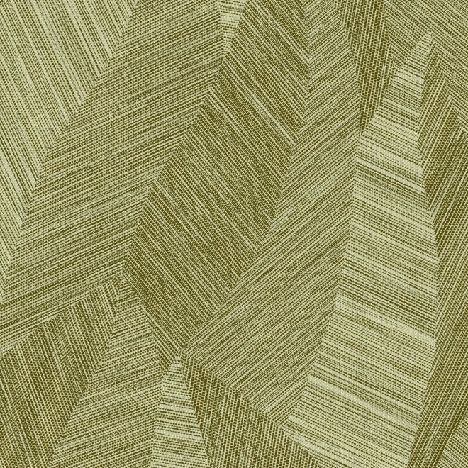Goudgroen Arte-behang uit de Essentials Tangram Bounty-collectie met een geometrisch patroon van overlappende lijnen en texturen.