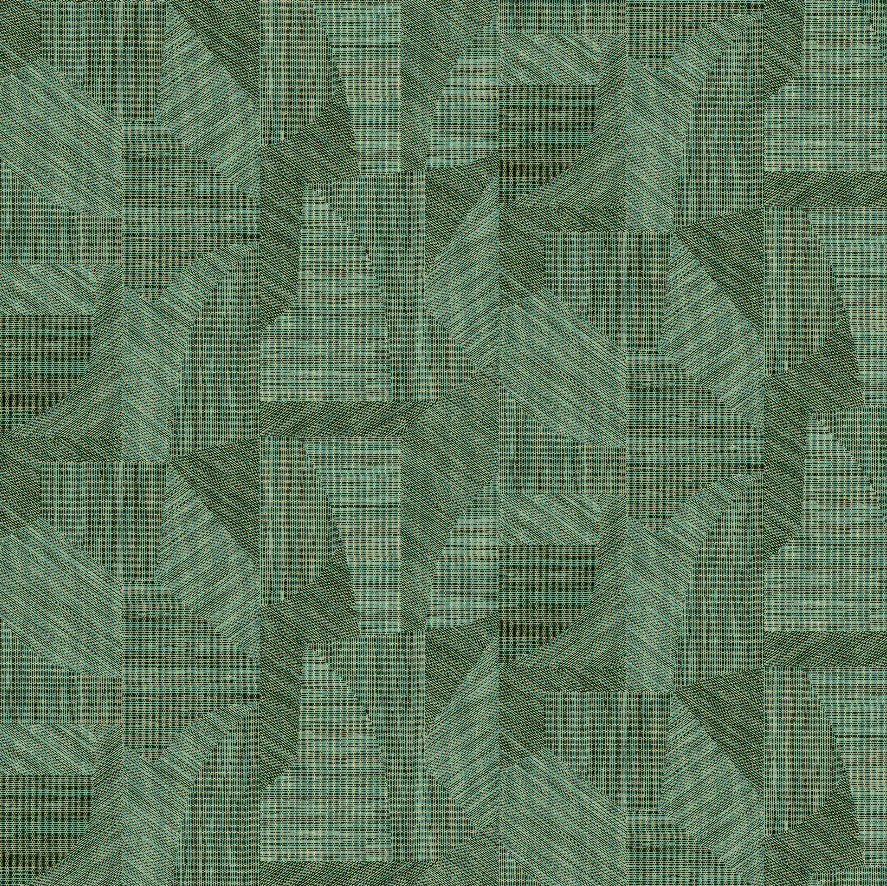 Groenblauw Arte-behang uit de Essentials Tangram Caprice collectie met een geometrisch patroon van overlappende vormen en texturen.