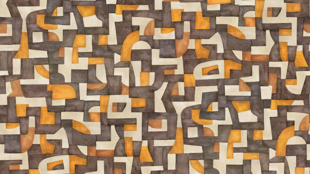 Geometrisch patroon op Arte behang uit de Essentials Totem Ecoline 18900 collectie in bruine, okergele en beige tinten.