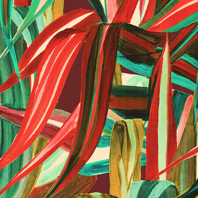 Kleurrijk Arte-behang uit de Expedition Java-collectie met abstracte bladeren in rood-, groen- en geeltinten.