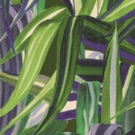 Gedetailleerde illustratie van tropische bladeren in groen- en paarstinten uit het Arte Java 72012 behang.