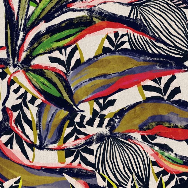 Abstract botanisch patroon uit de Flor Imaginaria-collectie van Arte, met grote kleurrijke bladeren en grafische zwart-witte accenten.