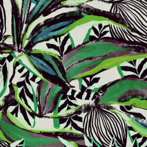 Gedurfd en kleurrijk Arte-behang uit de Flor Imaginaria-collectie met abstracte tropische bladeren in groen, paars en zwart.