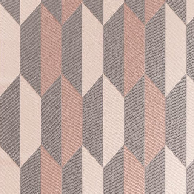 Geometrisch Arte Focus Arrow 26522 behang met een patroon van roze, beige en grijze pijlvormen.