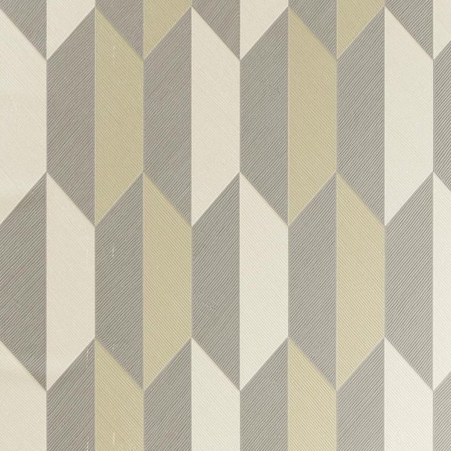 Geometrisch Arte-behang uit de Focus Arrow 26526 collectie met een patroon van driehoekige en pijlvormige vlakken in beige-, grijs- en crèmetinten.