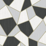 Geometrisch Arte-behang uit de Insolence Blast 34580 collectie met abstracte vlakken in zwart, wit en grijs met goudkleurige lijnen.