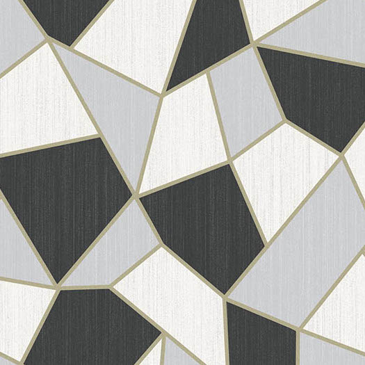 Geometrisch Arte-behang uit de Insolence Blast 34580 collectie met abstracte vlakken in zwart, wit en grijs met goudkleurige lijnen.